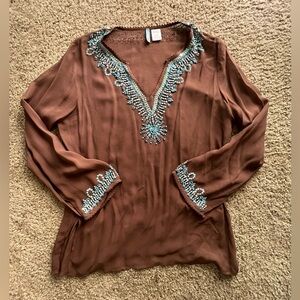 Beaded 100% Silk Chiffon Top🤎